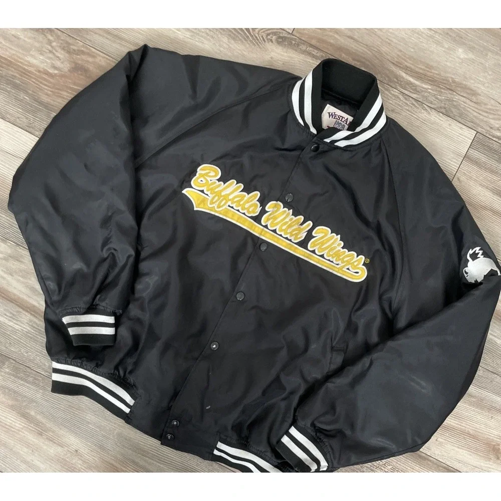 Vintage Buffalo Wild Wings Bomber Jacket Mens XL Westark Black Nylon Snap Front